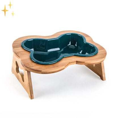 Elevated Ceramic Dog Bowl with Wooden Stand
